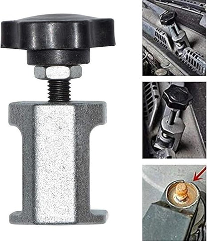 Metal tool with a black knob and screws, used for automotive repair.