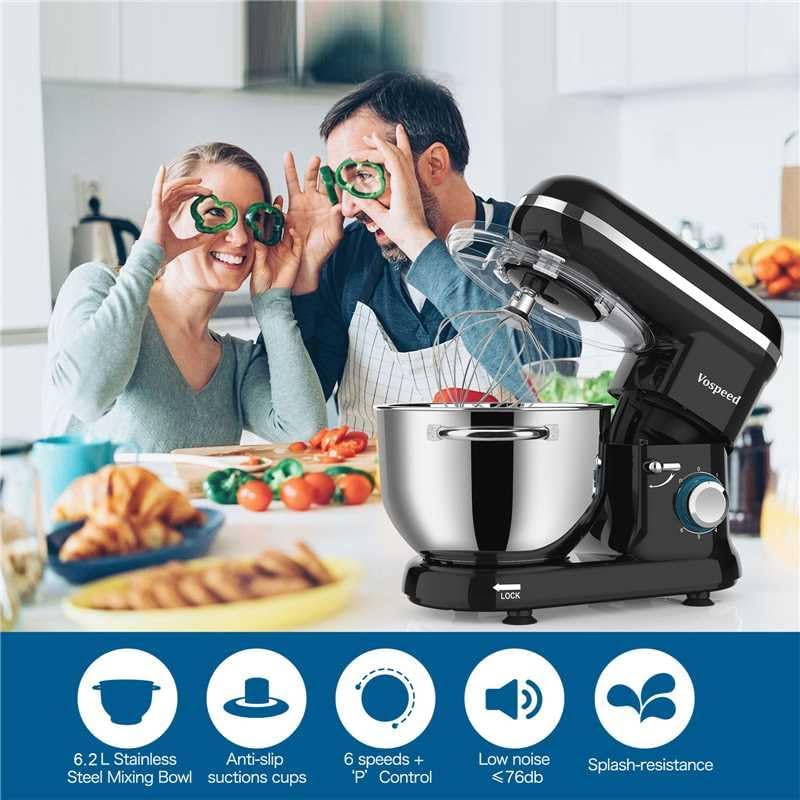 Vospeed 6-Qt Black Stand Mixer with 6 Speeds and Accessories