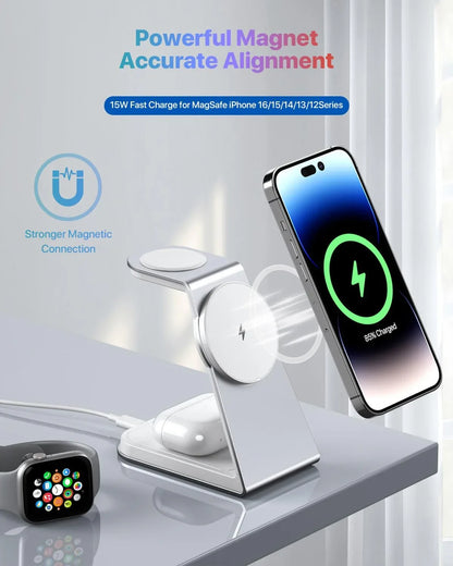 AOWIN 3-in-1 MagSafe Wireless Charging Station Aluminum Magnetic White - Gomix Brands Outlet