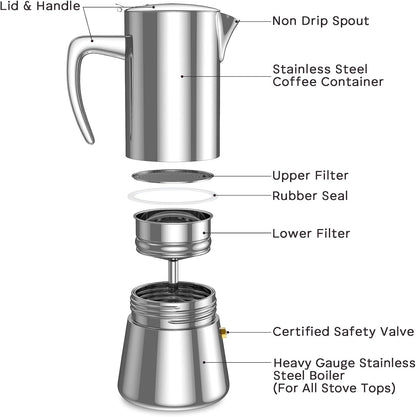 BonVIVO Moka Pot 6 Cup Stainless Steel Espresso Maker Silver Chrome