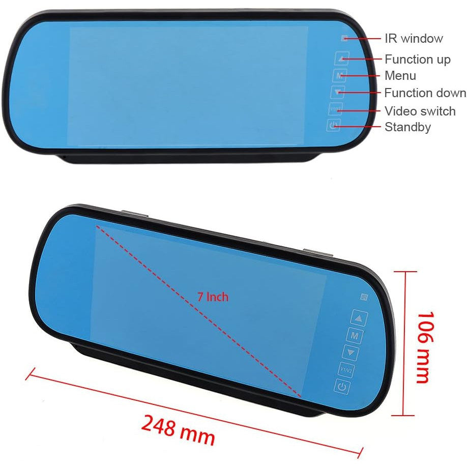 BW 7 Inch 16:9 TFT LCD Widescreen Car Monitor Rear View Mirror with Touch Button, HD 800x480 Resolution, Dual Video Input