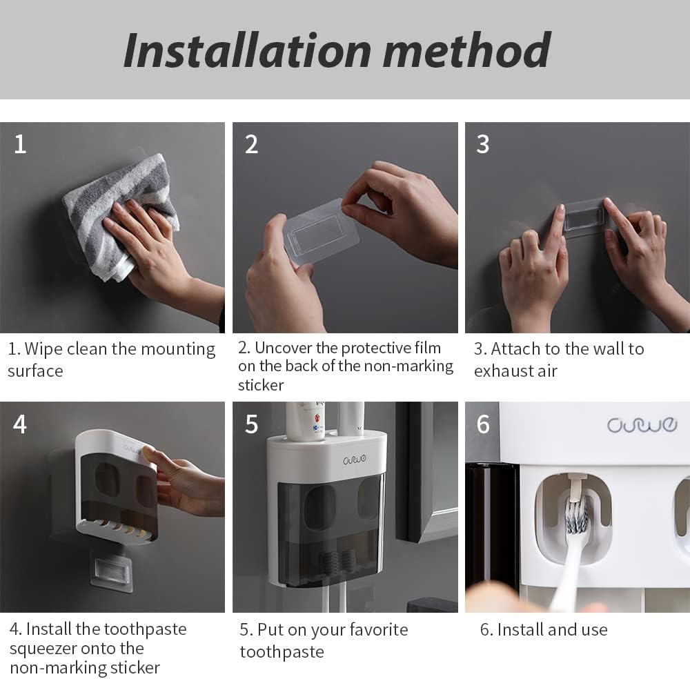 YiliYa Wall Toothbrush Holder with Dual Toothpaste Dispenser Black White