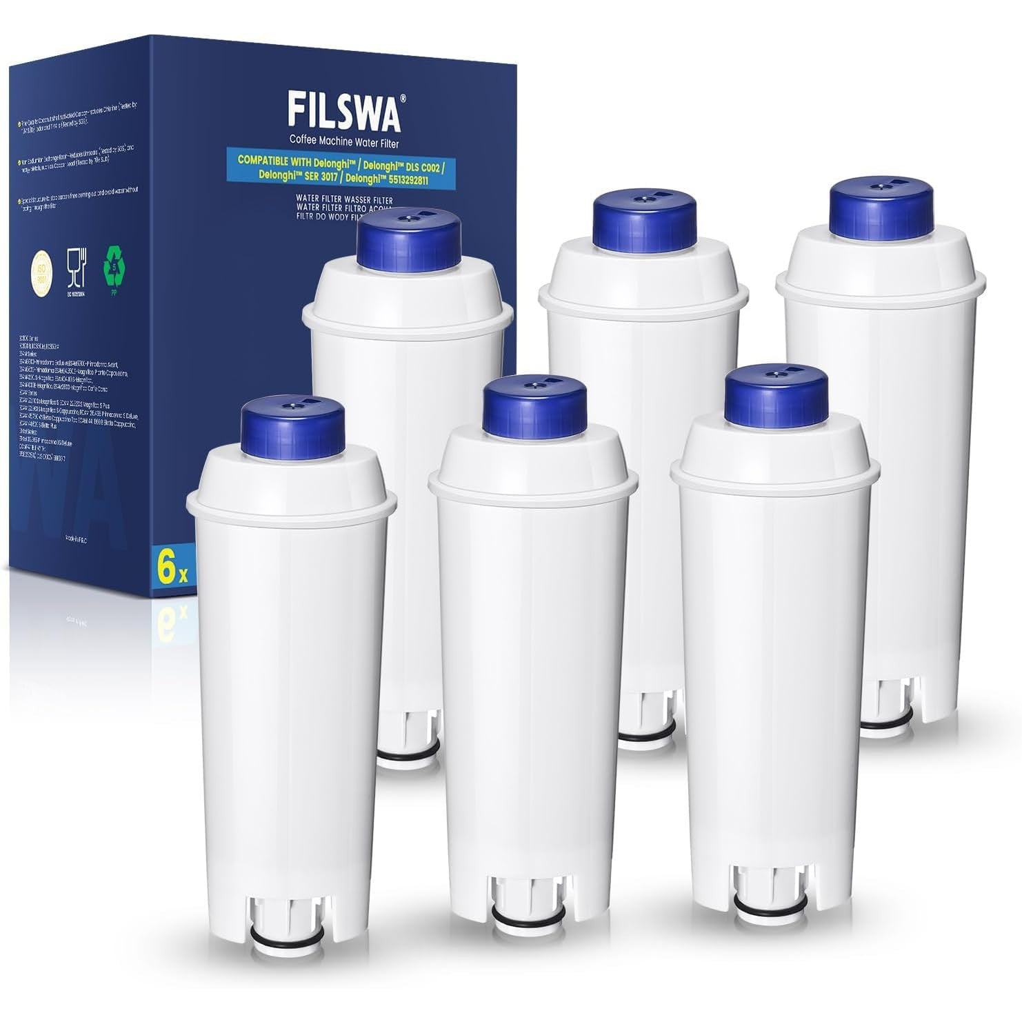 FILSWA DeLonghi Water Filter Replacement – 6 Pack Compatible with ECAM, Magnifica, Prima Donna