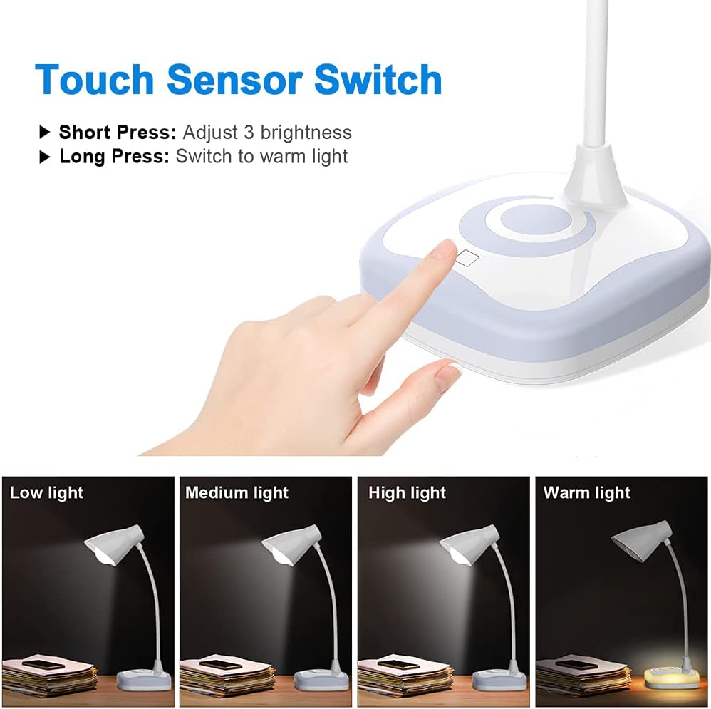 Gobikey LED Desk Lamp 2-in-1 Reading Night Light Dimmable USB Rechargeable Touch Control White
