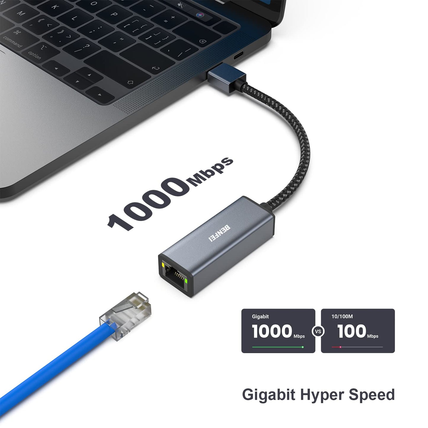 BENFEI USB 3.0 to Gigabit Ethernet Adapter Aluminium Shell Nylon Cable Gray 000317grey