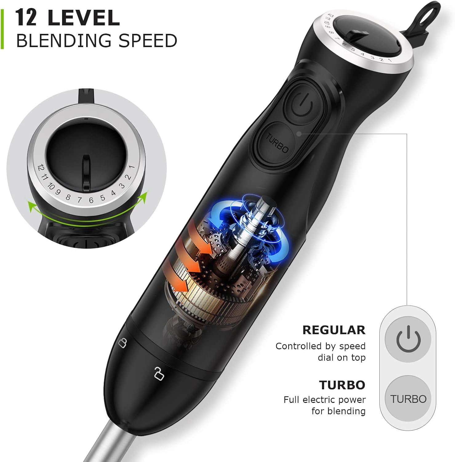 Bonsenkitchen 12-Speed Immersion Hand Blender with Stainless Steel Blade