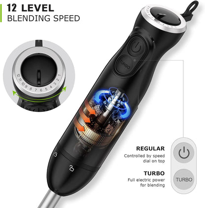 Bonsenkitchen 12-Speed Immersion Hand Blender with Stainless Steel Blade