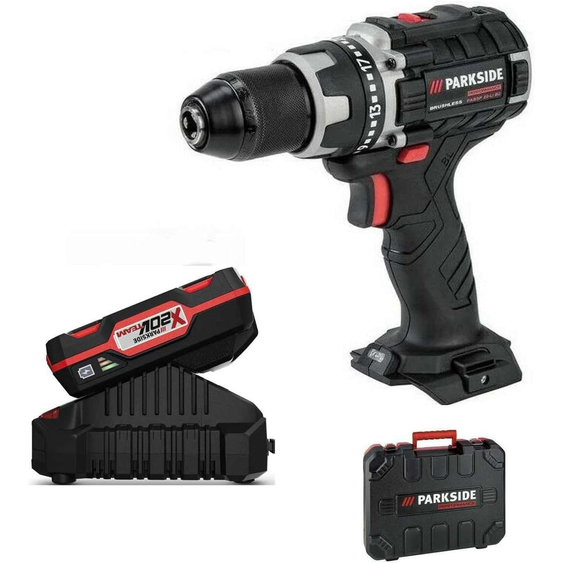 Parkside Performance 20V Cordless Drill: Brushless Motor, Battery, Charger, Case
