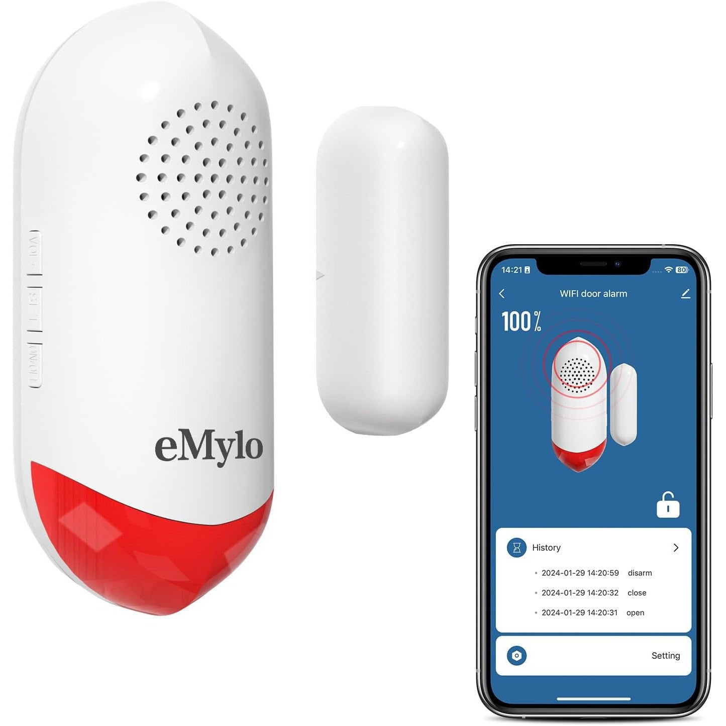 eMylo 120dB WiFi Door Alarm Sensor with Light, Smart Home Security