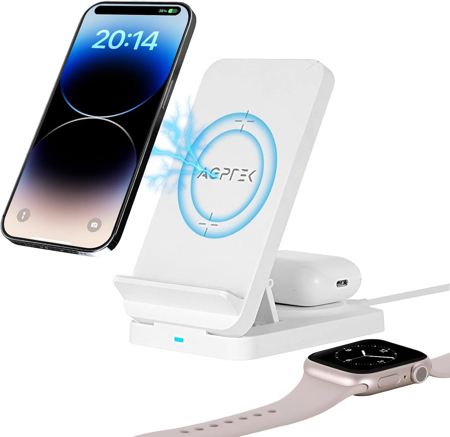 AGPTEK 3-in-1 Foldable Wireless Charging Station 15W for iPhone 15/14/13/12/Pro/11/XR/XS/X/8 Apple Watch AirPods Samsung Galaxy S23/S22/S21/S20/S10/S9/S8