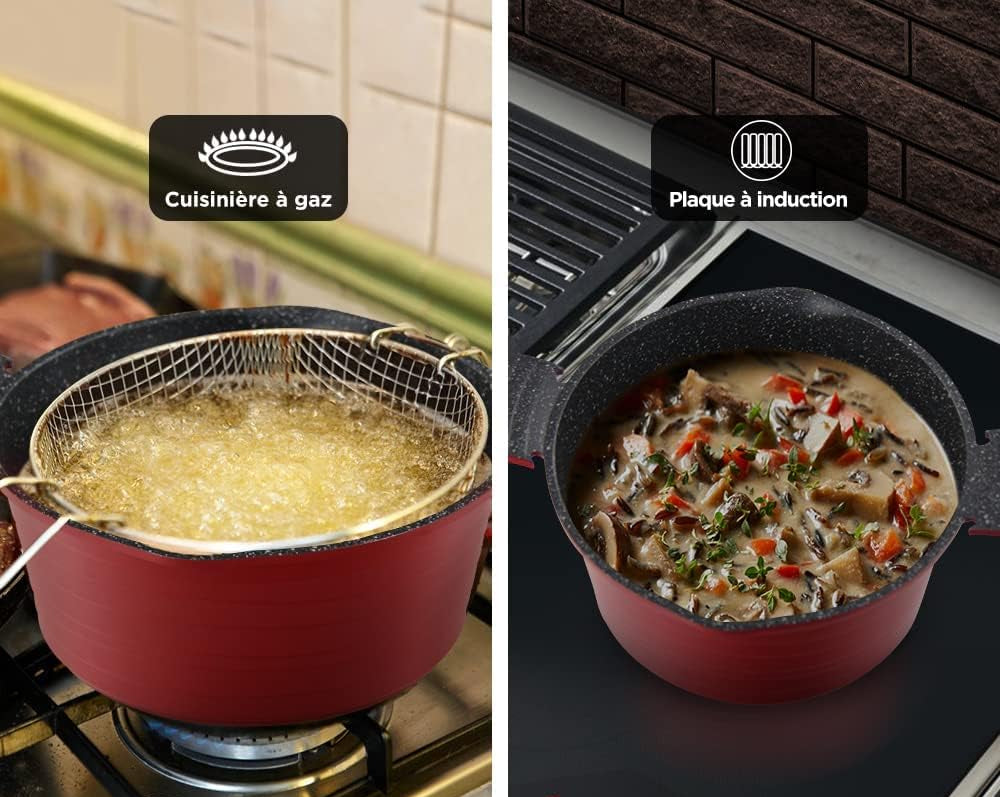 24cm Friteuse pour Frites avec Panier Faitout Induction en Aluminium avec Couvercle Verre Tous Feux