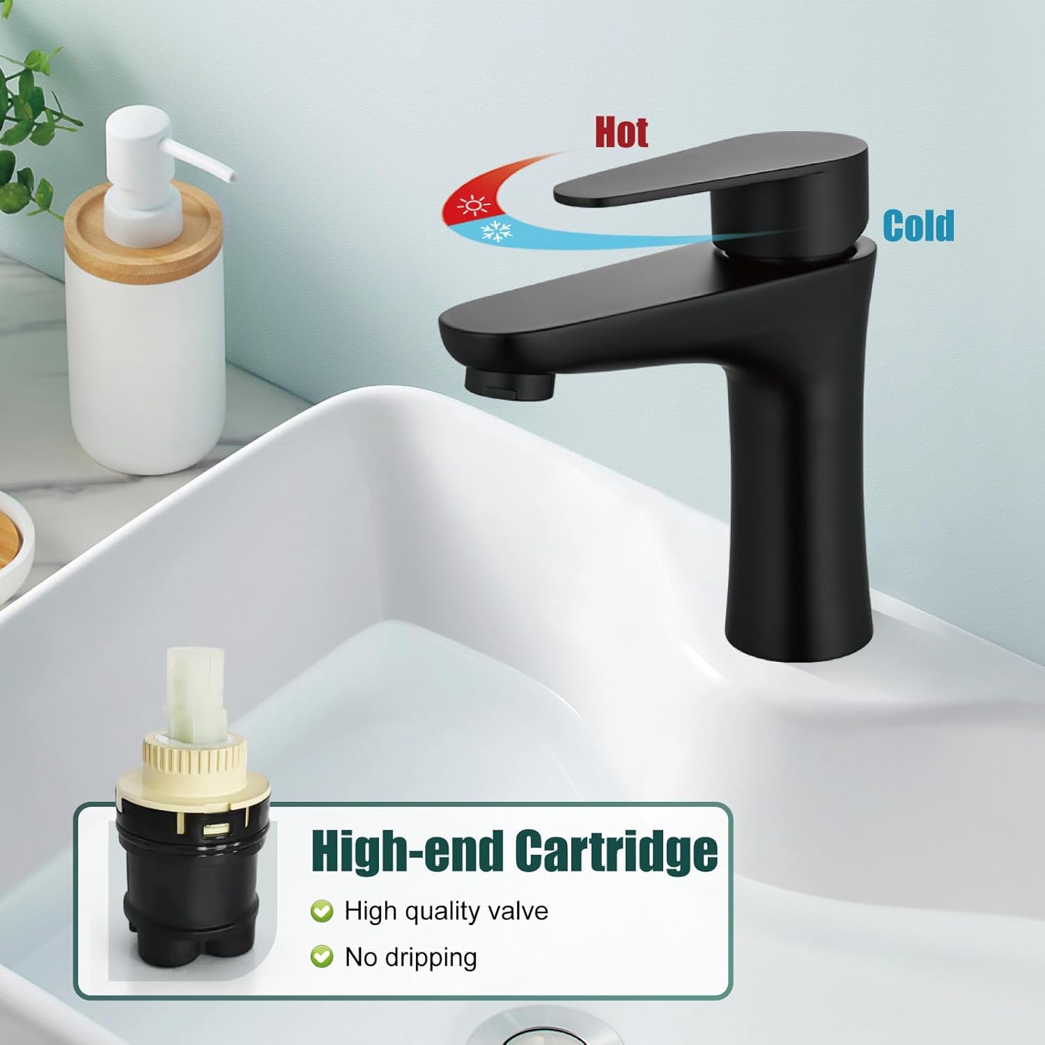 Heyalan Matte Black Single-Lever Bathroom Faucet with Pop‑Up Drain