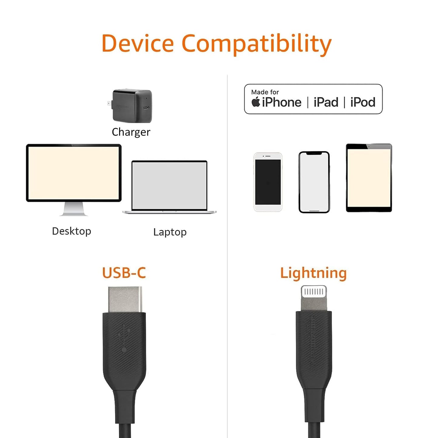 Amazon Basics USB-C to Lightning Cable MFi Certified Fast Charging Durable 1.8 m Black