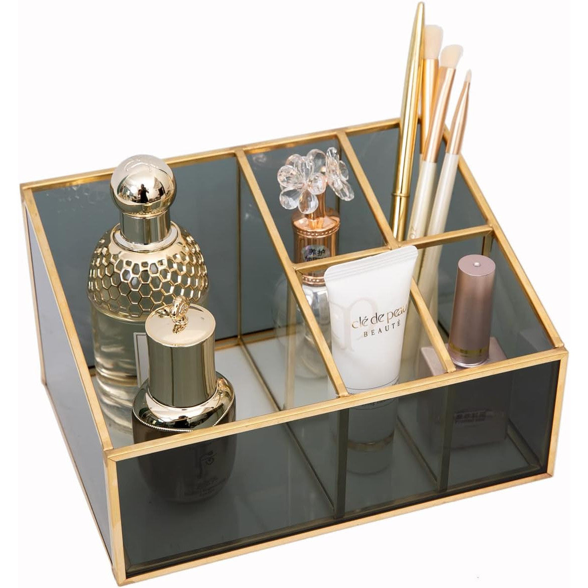 Gold Vintage Makeup Organizer with Brass Trim and Glass Holder