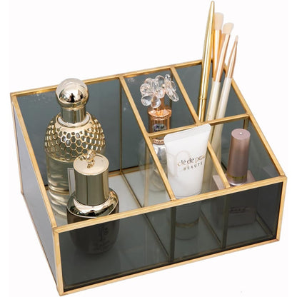 Gold Vintage Makeup Organizer with Brass Trim and Glass Holder