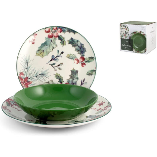 H&H Celebration Green 18-Piece Christmas Porcelain Dinnerware Set