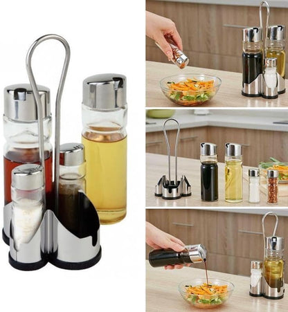 APS Complete Cruet Set: Stainless Steel Stand, Glass Oil, Vinegar, Salt, Pepper