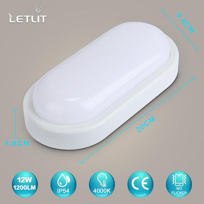 Letlit 12W LED Wall Light IP54 Bathroom Bulkhead 1200lm 4000K Neutral White Ceiling Porch Light