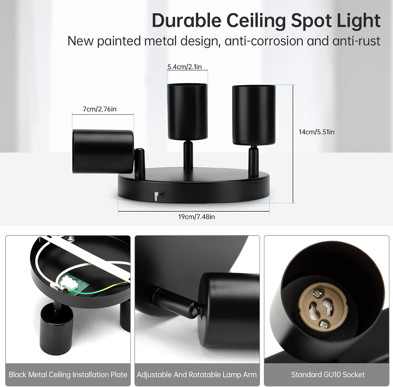 wowatt 3-Light Swivel GU10 Ceiling Spotlight Round Black Matt Metal Indoor Light Fixture