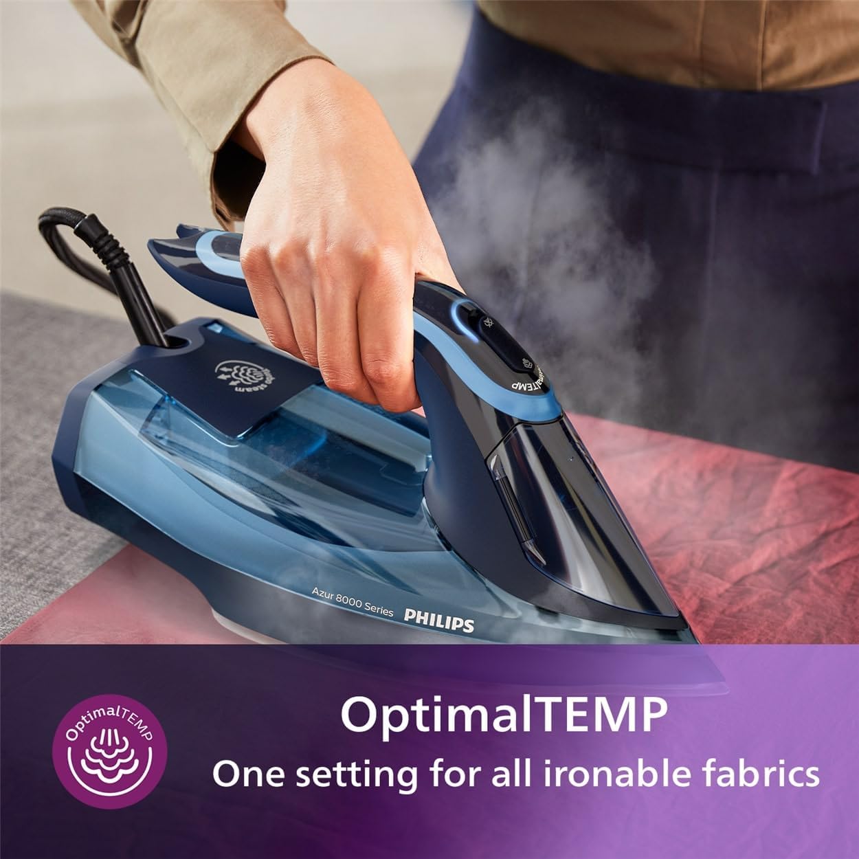 Philips Azur 8000 Series Steam Iron: 3000W, OptimalTEMP, SteamGlide Elite, Light Blue