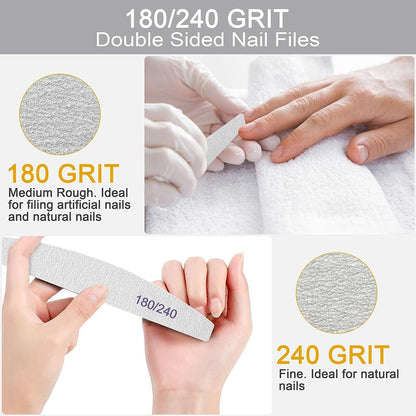 BLESWIN Double‑Sided Washable Nail Files 180/240 Grit – 12 Pack