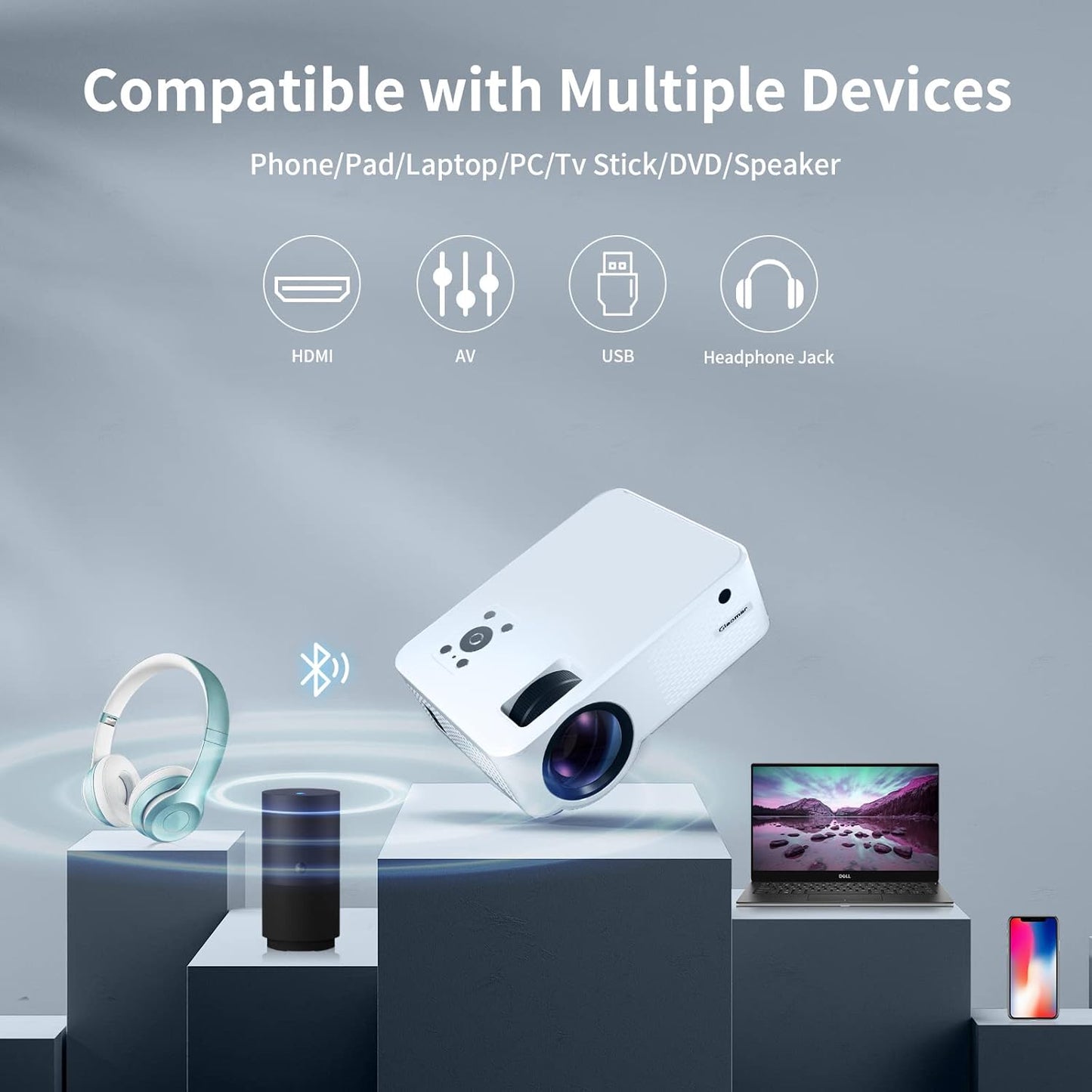 Giaomar Mini Projector: 1080P Full HD, 4K Supported, WiFi, Bluetooth, Portable Home Theater