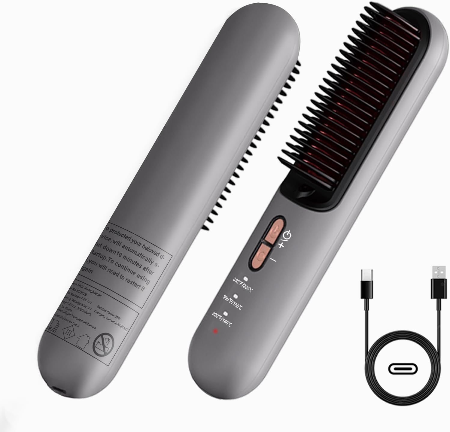 Portable Cordless Negative Ion Hair Straightener Brush with USB‑C Rechargeable Battery