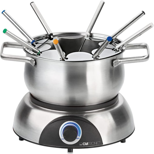 Clatronic Stainless Steel Electric Fondue Set: 1.2-Liter Pot, 8 Forks, Thermostat