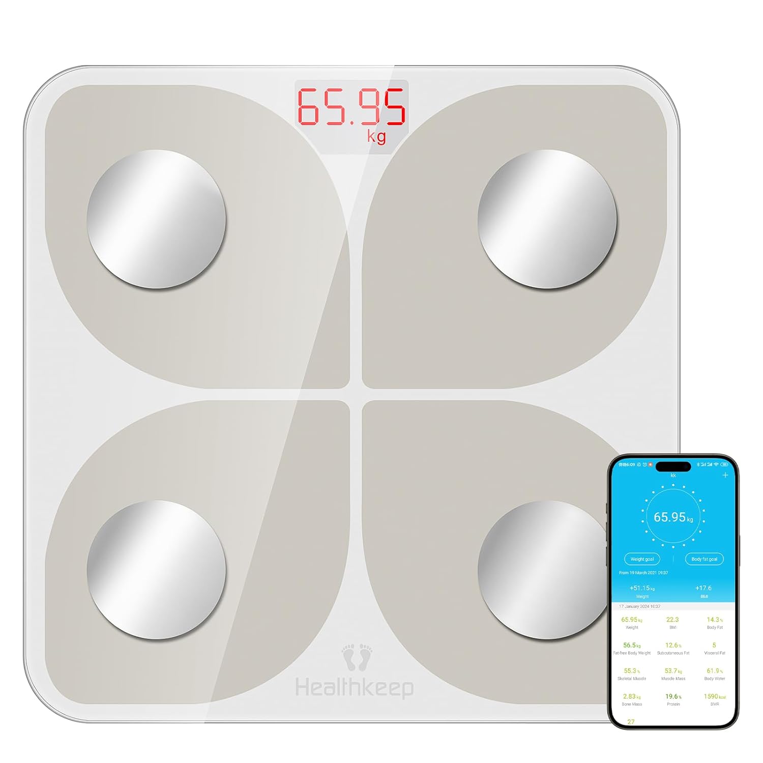 Healthkeep Bluetooth Smart Body Scale with 13 Measurements, 180lb Capacity
