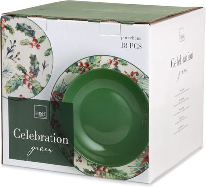 H&H Celebration Green 18-Piece Christmas Porcelain Dinnerware Set