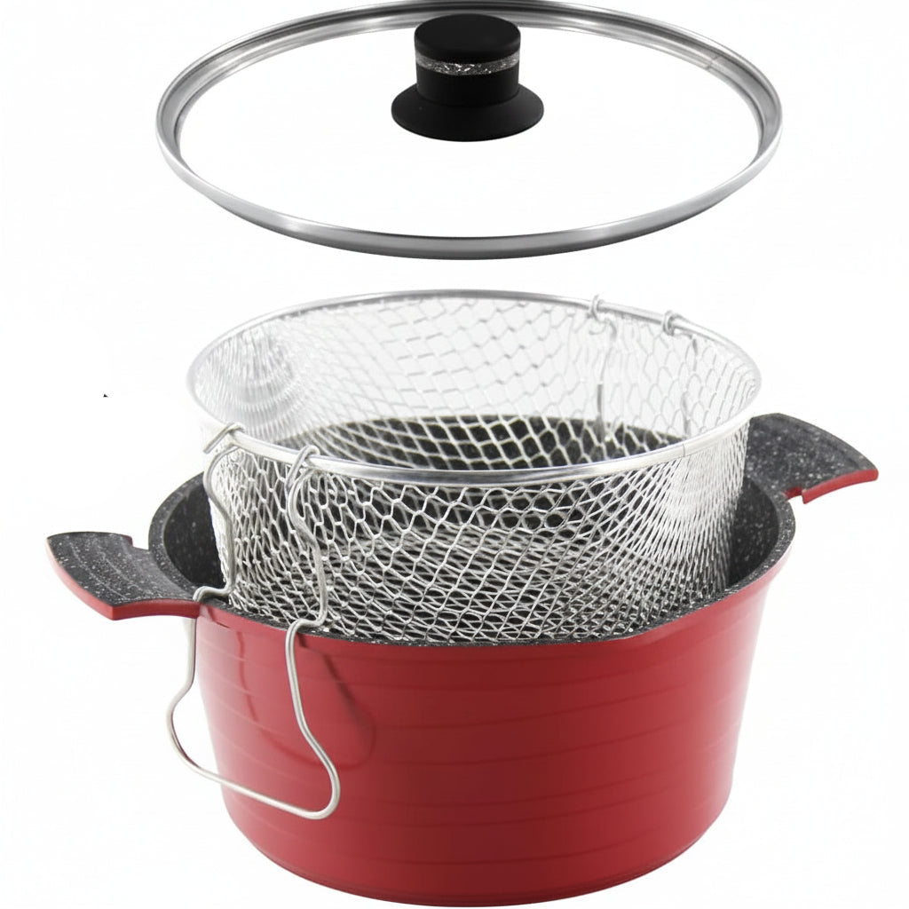 24cm Friteuse pour Frites avec Panier Faitout Induction en Aluminium avec Couvercle Verre Tous Feux