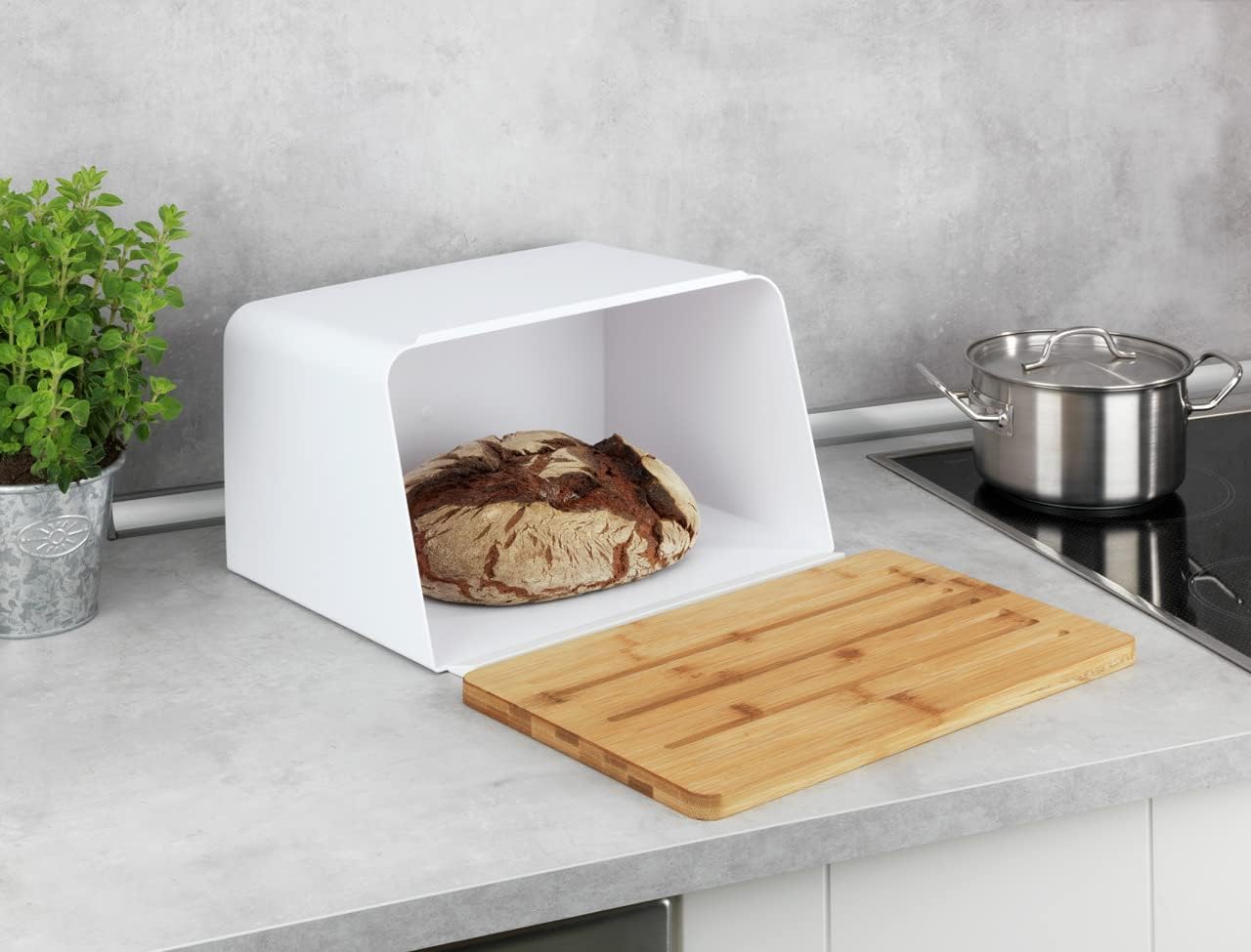 Wenko Bamboo Bread Bin with Lid, White 35x26x20.5 cm