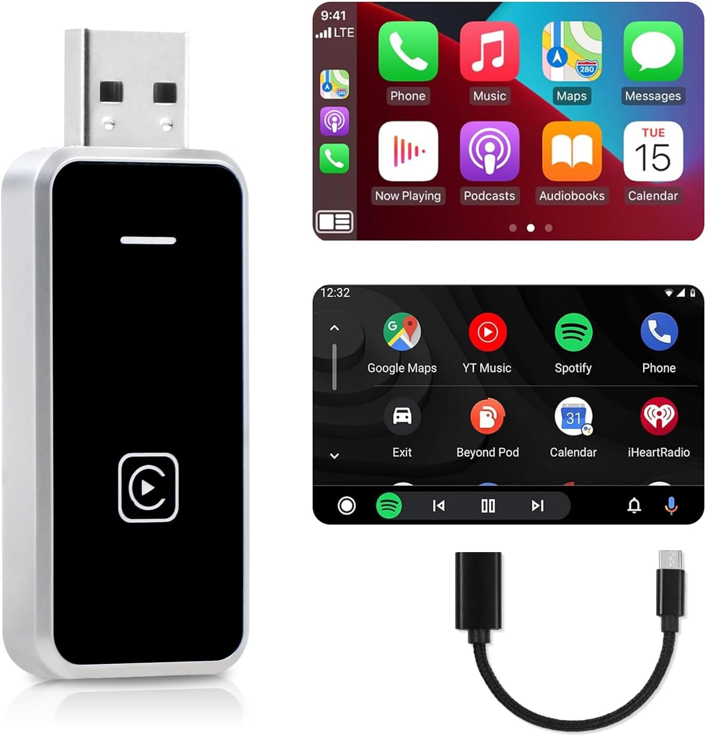 PBCZ 2-in-1 Wireless CarPlay and Android Auto Adapter