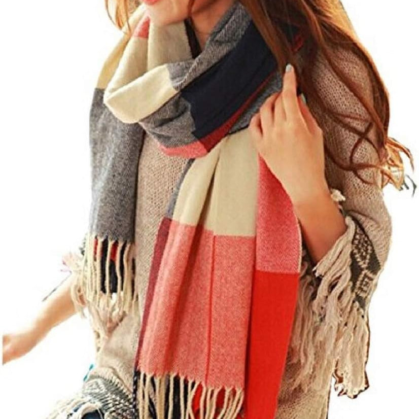 Cozy Long Women's Plaid Cashmere-Blend Winter Shawl Scarf with Tassel