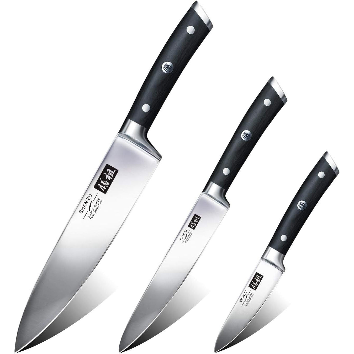 SHAN ZU Professional German Stainless Steel 3-Piece Chef, Utility, Paring Knife Set