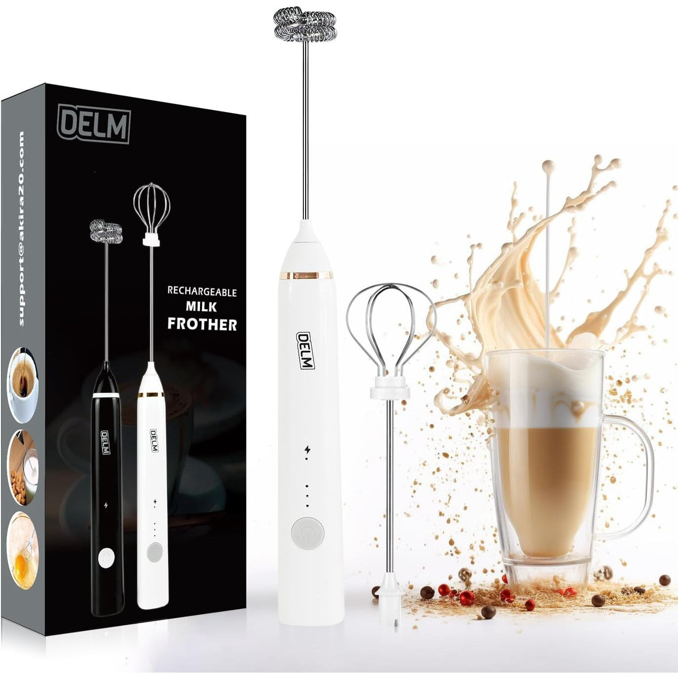 Delm Stainless Steel USB Electric Milk Frother Wand for Lattes & Cappuccinos