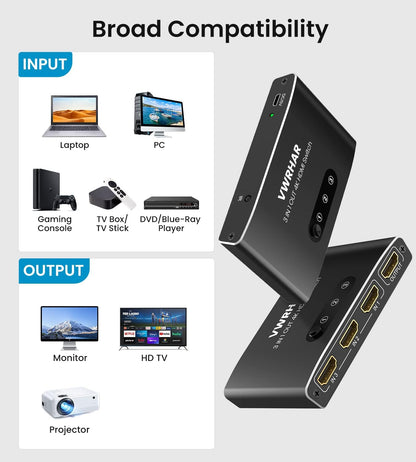 VWRHar 4K2301A 3-Port HDMI Switch 4K UHD with Remote Control Black