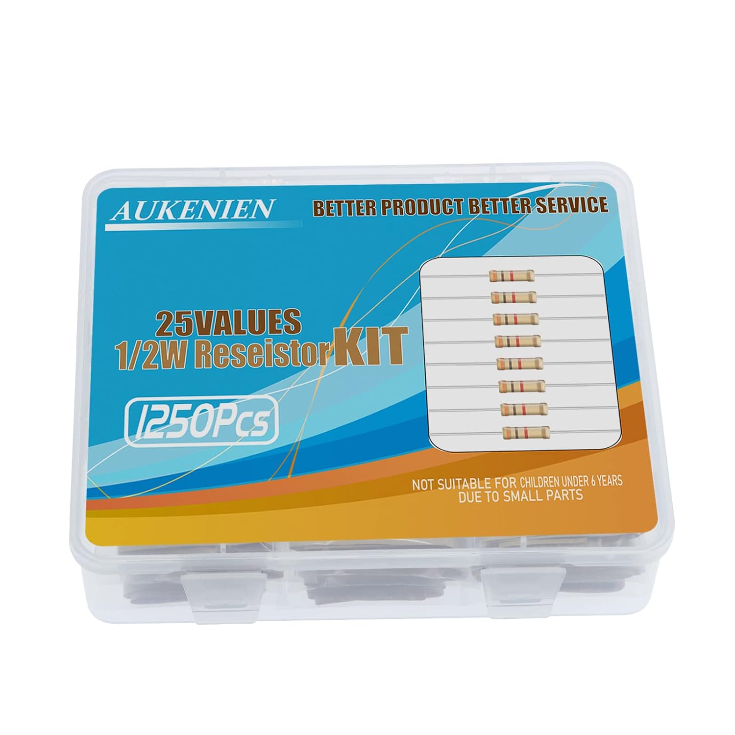 AUKENIEN Carbon Film Resistors Assortment 25 Values 1250 Pieces 1 Ohm to 1M Ohm 1/2W 5% Resistor Kit