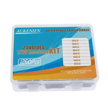 AUKENIEN Carbon Film Resistors Assortment 25 Values 1250 Pieces 1 Ohm to 1M Ohm 1/2W 5% Resistor Kit