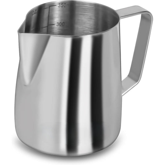 Stainless steel pitcher with measurement markings on a white background