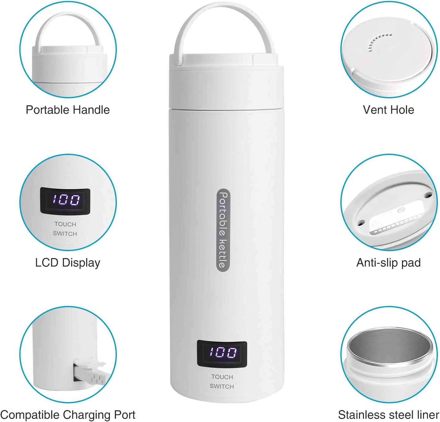FUOBECIE Travel Electric Kettle 380ML 4-Temperature Adjustable Auto Shut-Off