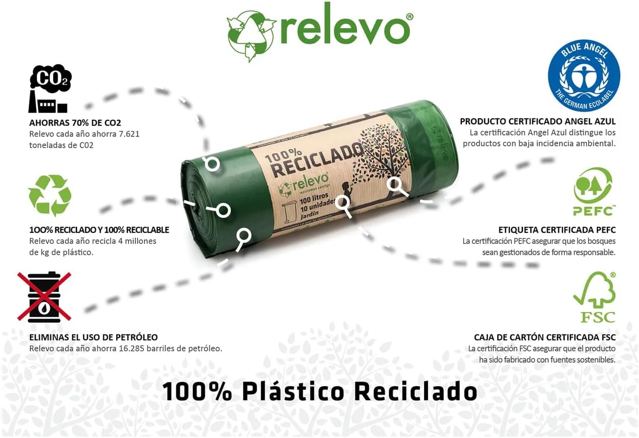 Eco-Friendly RELEVO 100% Recycled 100L Bin Liners Pack of 10
