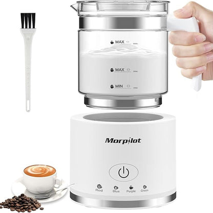 Morpilot 4-in-1 Electric Milk Frother 500ml Glass Jar Dishwasher-Safe White