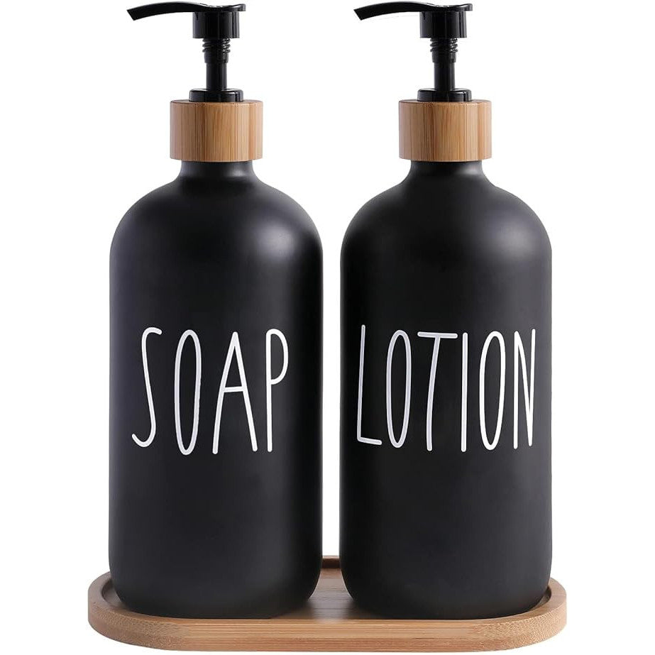 Elegant Glass Soap and Lotion Dispenser Set with Bamboo Tray - 2 Pack