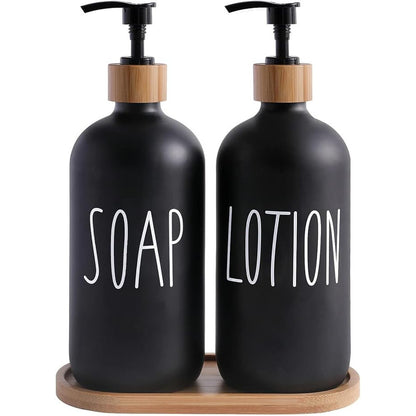 Elegant Glass Soap and Lotion Dispenser Set with Bamboo Tray - 2 Pack