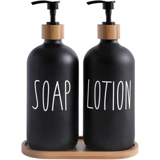 Elegant Glass Soap and Lotion Dispenser Set with Bamboo Tray - 2 Pack
