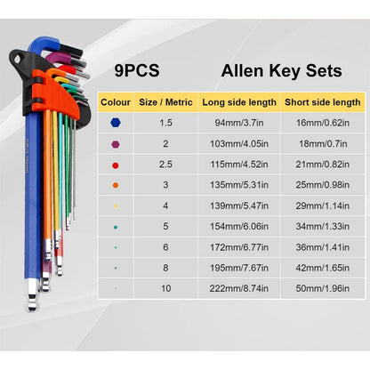 9-Piece Metric Allen Key Set – Color‑Coded Cr‑V Hex Wrenches - Gomix Brands Outlet