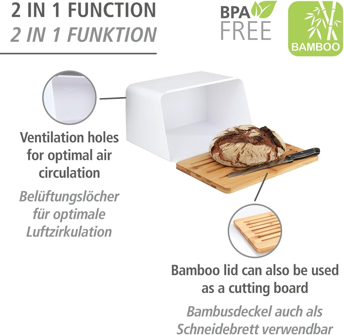 Wenko Bamboo Bread Bin with Lid, White 35x26x20.5 cm