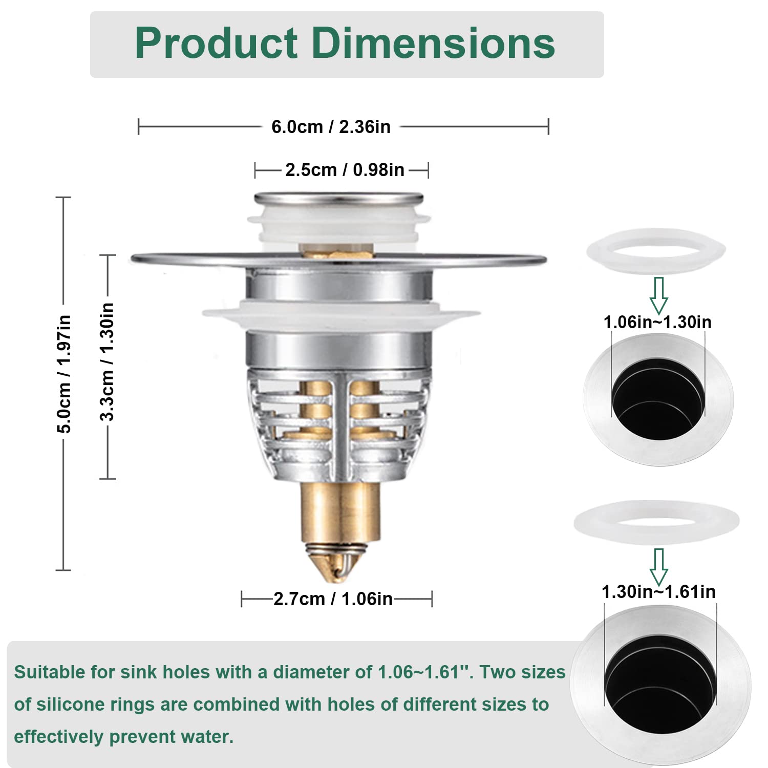 HIYOUNG Universal Pop-Up Sink Stopper – Anti-Clog Drain Filter for 1.06‑1.61" Holes