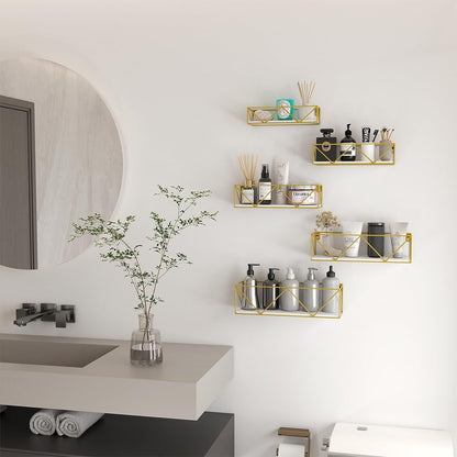 Gold Floating Shelves Wall Mounted Set of 5, Hanging Storage Floating Shelf for Bathroom, Kitchen, Bedroom, Living Room (Gold)
